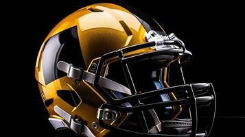 Side view of A yellow black American football helmet isolated on white background. football helmet. Generative Ai photo