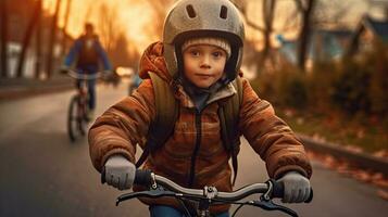 A child boy in bicycle helmet riding a bicycle for the first time. safety helmet. Generative Ai photo