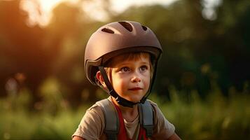 un niño chico en bicicleta casco montando un bicicleta para el primero tiempo. la seguridad casco. generativo ai foto