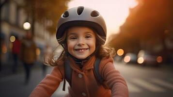 un linda pequeño niña en bicicleta casco teniendo divertido por montando bicicleta. linda niño en la seguridad casco andar en bicicleta al aire libre. generativo ai foto