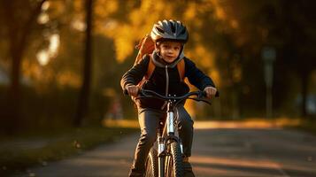 A child boy in bicycle helmet riding a bicycle for the first time. safety helmet. Generative Ai photo