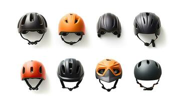 bicicleta casco en varios formas en blanco antecedentes. la seguridad casco. generativo ai foto