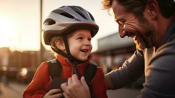 Father helping cheerful son wearing bicycle helmet for cycle. Excited little boy getting ready by wearing bike helmet to start cycling. Safety helmet. Generative Ai photo
