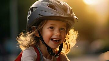 Happy portrait of a young girl with a bicycle helmet on playing outside. Generative Ai photo