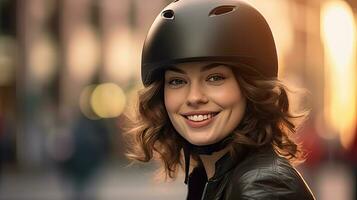 Happy woman wearing bicycle helmet with bicycle on street. Generative Ai photo