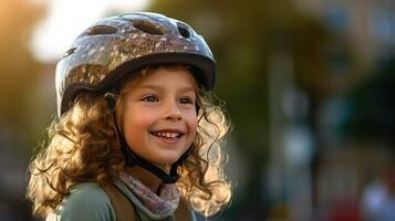 Happy portrait of a young girl with a bicycle helmet on playing outside. Generative Ai photo