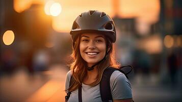 Happy woman wearing bicycle helmet with bicycle on street. Generative Ai photo