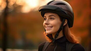 Happy young woman wearing bicycle helmet in park. Generative Ai photo