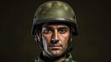 A male wearing green military helmet. Generative Ai photo