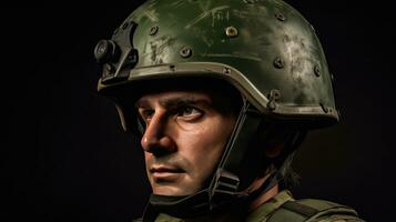 A male wearing green military helmet. Generative Ai photo