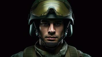 A male wearing green military helmet. Generative Ai photo