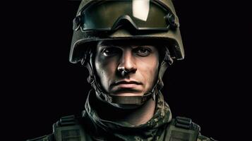 A male wearing green military helmet. Generative Ai photo