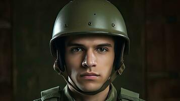 A male wearing green military helmet. Generative Ai photo