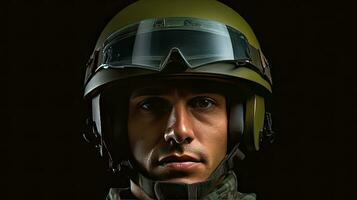 A male wearing green military helmet. Generative Ai photo