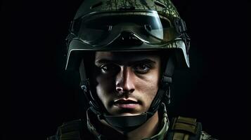 A male wearing green military helmet. Generative Ai photo