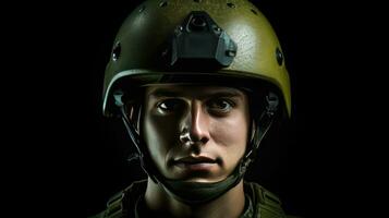 A male wearing green military helmet. Generative Ai photo