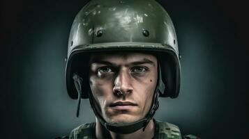 A male wearing green military helmet. Generative Ai photo