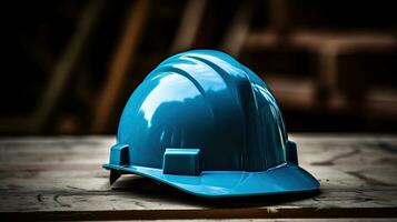 A blue safety helmet or hardhat for the construction worker which is placed at construction working site. Generative Ai photo