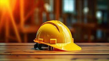 un amarillo la seguridad construcción casco en un mesa a construcción sitio. generativo ai foto