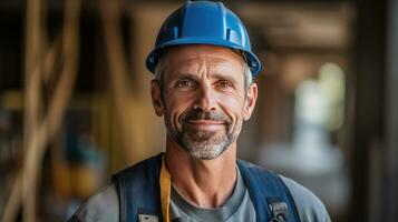 retrato de satisfecho construcción sitio gerente vistiendo la seguridad chaleco y azul casco a construcción sitio. generativo ai foto