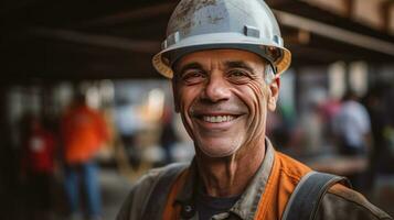 Portrait of A happy mature man in a construction helmet at construction site. Generative Ai photo