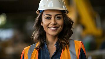 Portrait of smiling female engineer on site wearing safety helmet, high vis vest and ppe. Safety First concept concept. Generative Ai photo