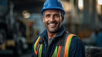 retrato de satisfecho construcción sitio gerente vistiendo la seguridad chaleco y azul casco a construcción sitio. generativo ai foto