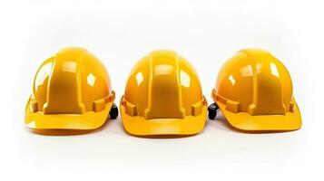 conjunto de amarillo deferente casco, construcción herramientas para industrial la seguridad aislado en blanco antecedentes. generativo ai foto