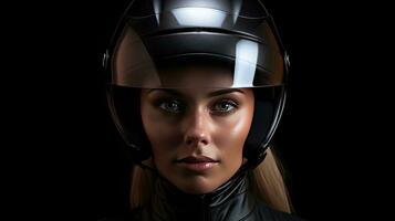 A beautiful woman in motorcycle helmet. Generative Ai photo