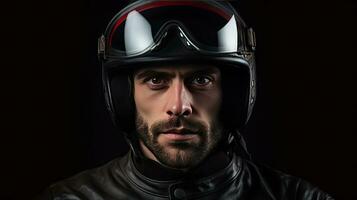 A handsome man in motorcycle helmet. Generative Ai photo
