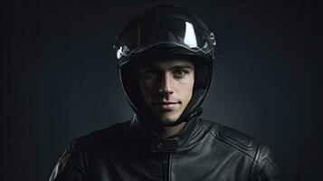 A handsome man in motorcycle helmet. Generative Ai photo