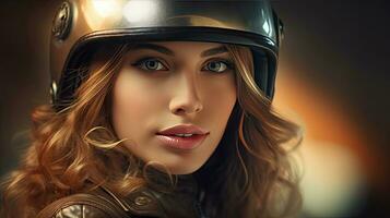 A beautiful woman in motorcycle helmet. Generative Ai photo