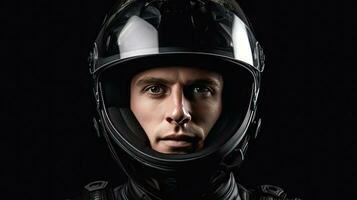 A handsome man in motorcycle helmet. Generative Ai photo