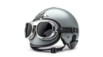 A new grey vintage helmet and wind goggle isolated on white background. Generative Ai photo