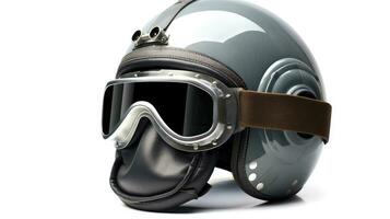 A new grey vintage helmet and wind goggle isolated on white background. Generative Ai photo