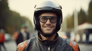 Portrait of A smiling male biker in leather jacket and motorcycle helmet looking at camera. karting sport concept. Generative Ai photo