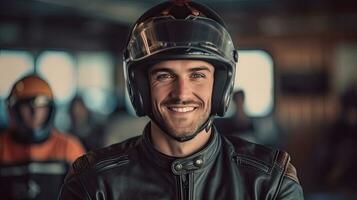 Portrait of A smiling male biker in leather jacket and motorcycle helmet looking at camera. karting sport concept. Generative Ai photo