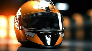 Racer helmet on asphalt, karting sport concept. Generative Ai photo