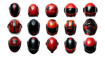 Set collection of red motorcycle carbon integral crash helmet isolated on white background. Generative Ai photo