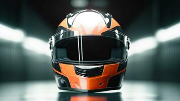 Racer helmet on asphalt, karting sport concept. Generative Ai photo