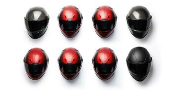 Set collection of red motorcycle carbon integral crash helmet isolated on white background. Generative Ai photo