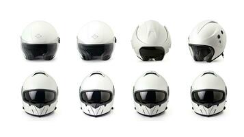 Set collection of White motorcycle carbon integral crash helmet isolated on white background. Generative Ai photo