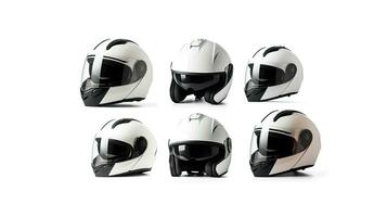 Set collection of White motorcycle carbon integral crash helmet isolated on white background. Generative Ai photo