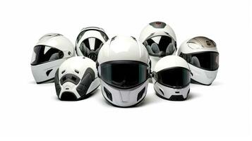 Set collection of White motorcycle carbon integral crash helmet isolated on white background. Generative Ai photo