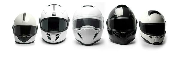 Set collection of White motorcycle carbon integral crash helmet isolated on white background. Generative Ai photo