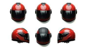 Set collection of red motorcycle carbon integral crash helmet isolated on white background. Generative Ai photo