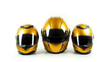 conjunto colección de amarillo motocicleta carbón integral choque casco aislado en blanco antecedentes. generativo ai foto