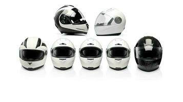 Set collection of White motorcycle carbon integral crash helmet isolated on white background. Generative Ai photo