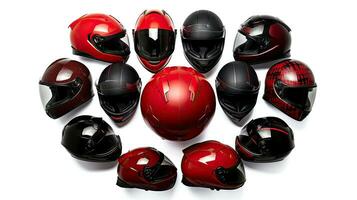 Set collection of red motorcycle carbon integral crash helmet isolated on white background. Generative Ai photo