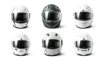 Set collection of White motorcycle carbon integral crash helmet isolated on white background. Generative Ai photo